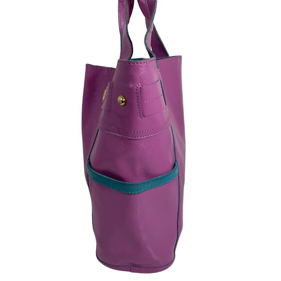 B Makowsky Purple Patent Leather Teal Suede Trim Tote Handbag Weekender Bag - Picture 3 of 14